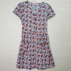 MPH Collection M Dress Blue Red Floral Button Front Fit & Flare Cottagecore